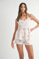 Stripe Embroidered Peplum Cami and Shorts Set Mable